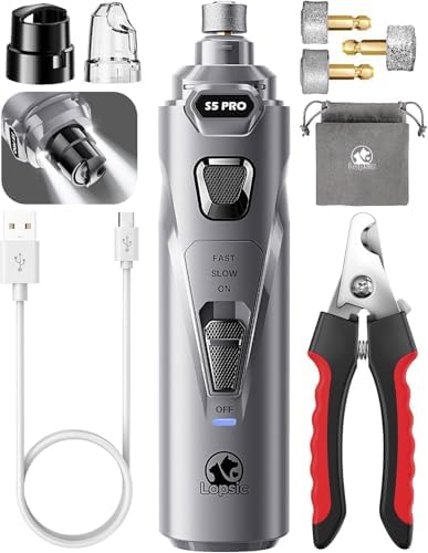 Whisper Quiet Dog Nail Grinder with 4 LED Lights, Safe & Stress-Free for Sensitive Dogs Cats of All Breeds & Sizes, 3 Grinding Bits, 3-Speed, Pet Nail Trimmers, Rechargeable Painless Grooming Kit