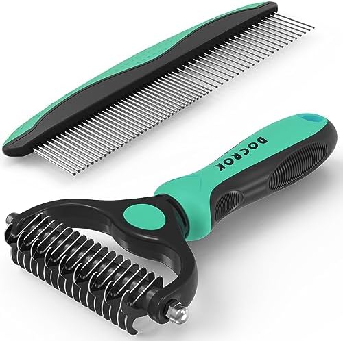 Docrok Pet Grooming Combo - Blue Deshedding Brush with Metal Comb for Detangling and Dematting Long, Matted Fur on Cats and Dogs